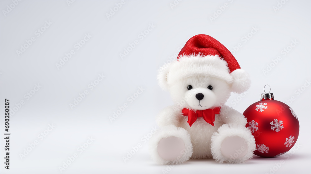 christmas teddy bear. a white teddy bear with red christmas hat in front of christmas decorations. christmas teddy bear. a white teddy bear with red christmas hat in front of christmas decorations.