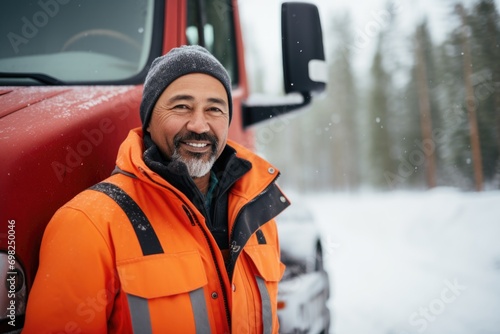 Portrait of a middle aged truck driver during winter