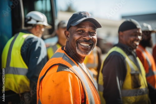 Portrait of smiling man sanitation worker by garbage truck photo