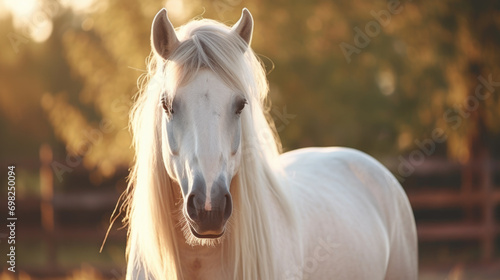 White horse standing in fenced area. Suitable for equestrian themes or farm-related designs.