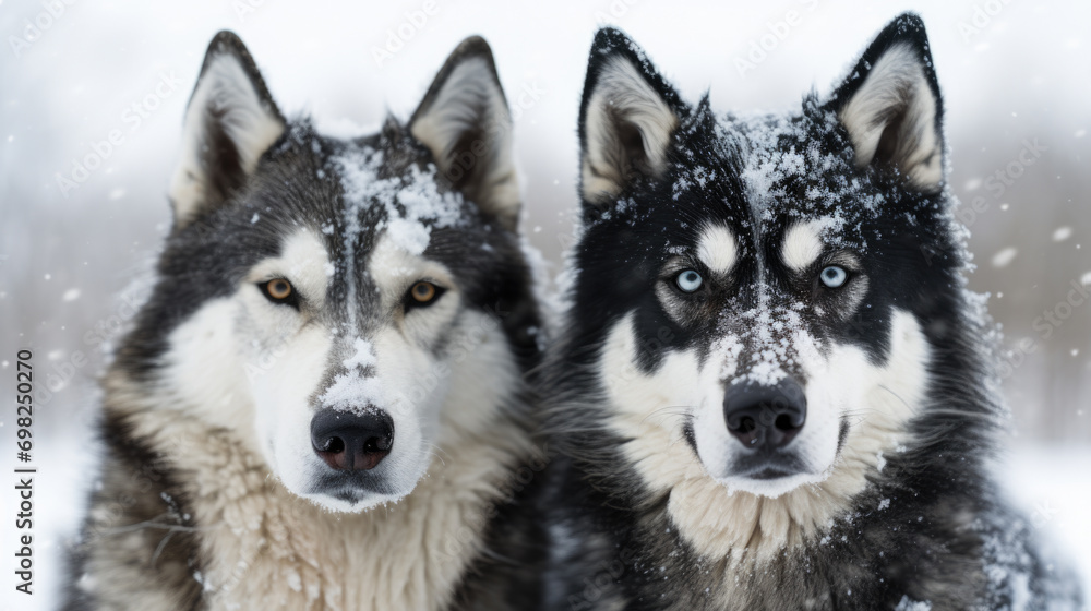 Two husky dogs sitting in snow. Suitable for winter-themed designs or pet-related projects. Two husky dogs sitting in snow. Suitable for winter-themed designs or pet-related projects.