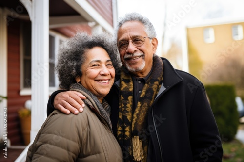 Portrait of a happy senior couple in front their home