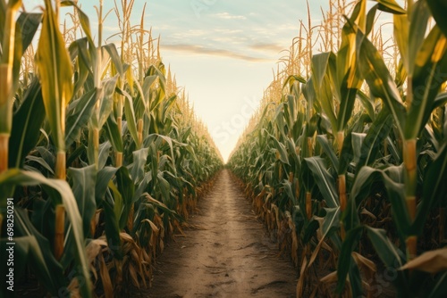 Cornfield with tall rows of corn on either side