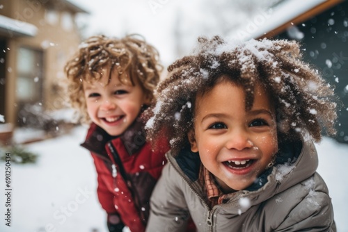 Portrait of little children playing with snow outside