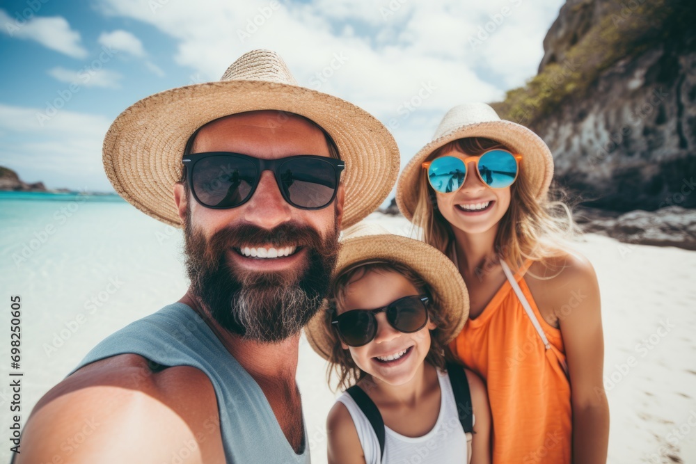 Happy family taking selfie at the beach