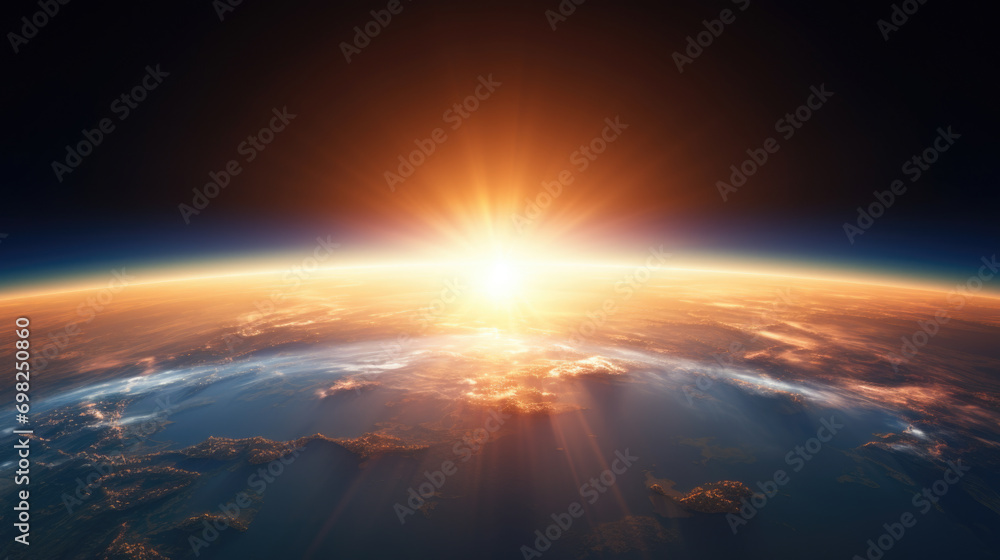 Beautiful view of sun rising over earth. Perfect for illustrating concepts of new beginnings and hope. - obrazy, fototapety, plakaty 