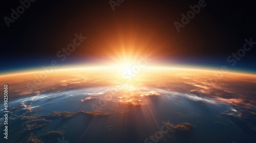 Beautiful view of sun rising over earth. Perfect for illustrating concepts of new beginnings and hope.