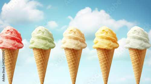 Row of ice cream cones with various delicious flavors. Perfect for summer-themed designs and dessert-related projects.