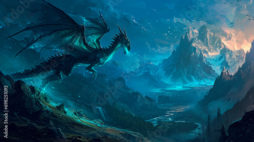 a dragon with scales flying over a mystical mountain range. Generative AI