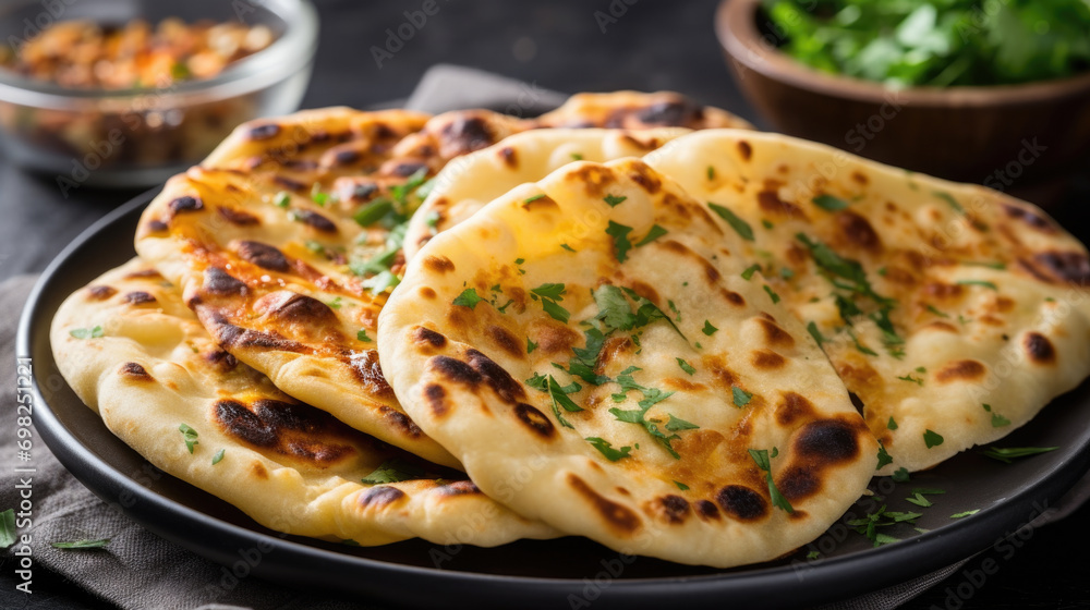 Plate of flatbreads with bowl of salad in background. Perfect for food enthusiasts and healthy eating concepts. Plate of flatbreads with bowl of salad in background. Perfect for food enthusiasts and healthy eating concepts.