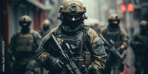 Armed military squad on patrol in urban environment. Security and defense. © Postproduction