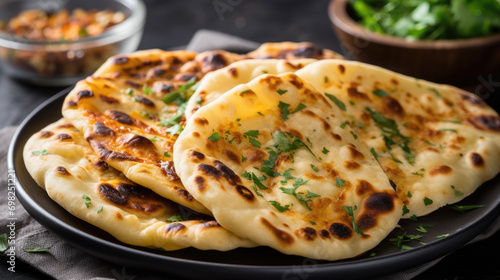 Plate of flatbreads with bowl of salad in background. Perfect for food enthusiasts and healthy eating concepts.