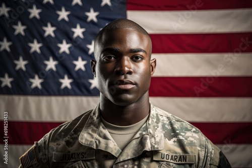 Portrait of a young soldier with USA flag in the background