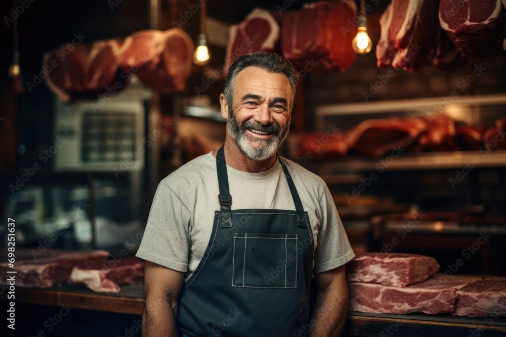 Portrait of a middle aged butcher in meat shop Portrait of a middle aged butcher in meat shop