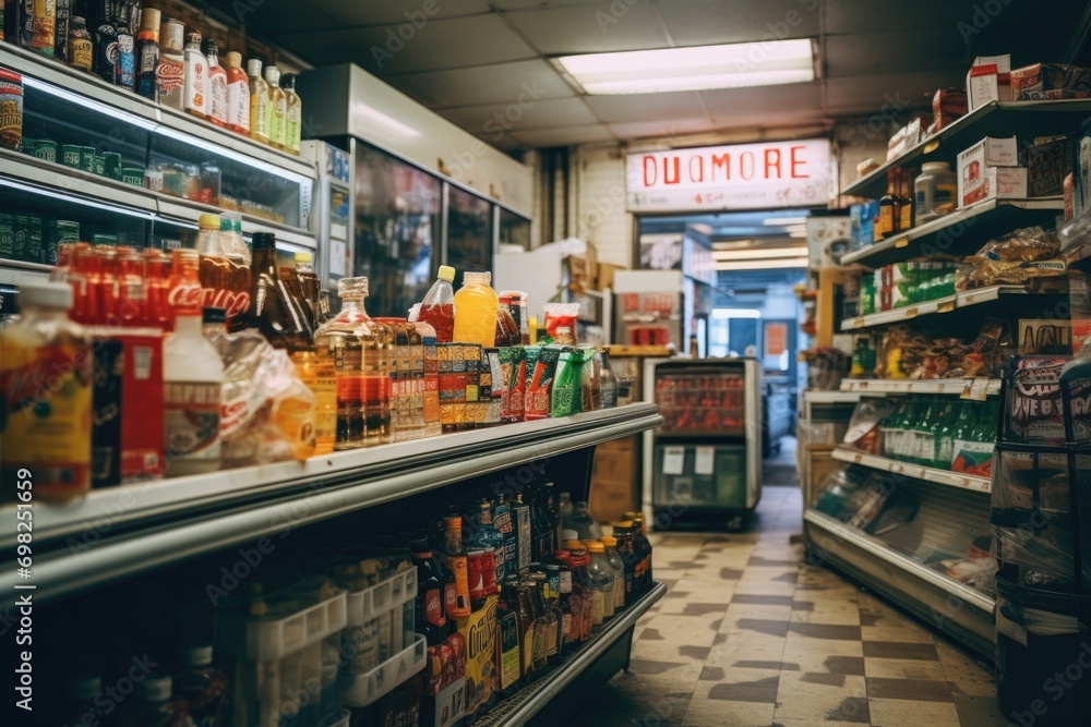 Interior of empty small corner store