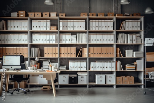 Empty modern office with shelves full of documents