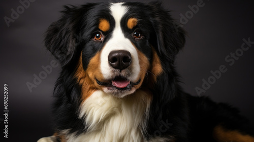 Dog with black, white, and brown fur is looking directly at camera. This versatile image can be used to depict various concepts related to pets, curiosity, and animal companionship.