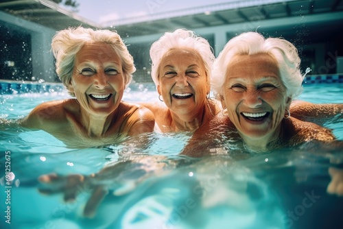 Group portrait of happy senior women swimming in pool © NikoG