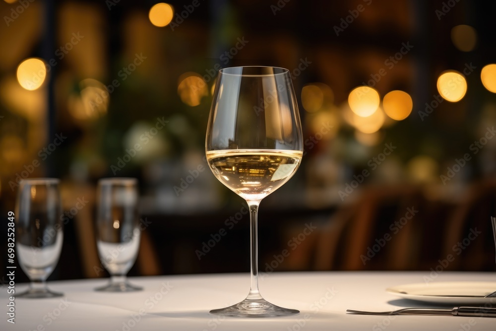 Elegant white wine served in a sophisticated dining setting with warm ambient lighting Elegant white wine served in a sophisticated dining setting with warm ambient lighting
