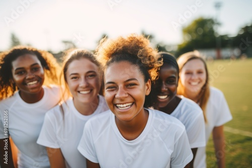 Group portrait of female soccer team on football field photo