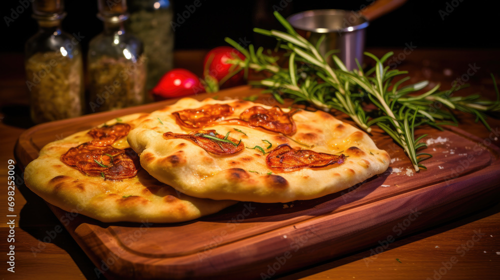 Couple of pizzas sitting on top of wooden cutting board. Great for food-related projects and restaurant promotions.
