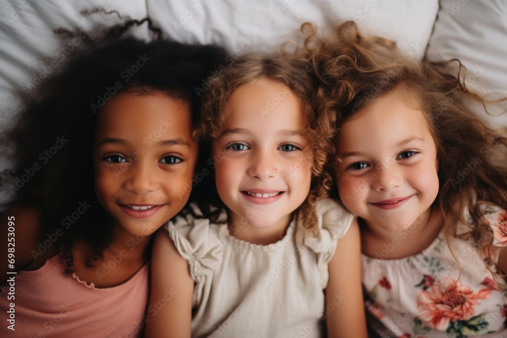 Group portrait of diverse little girls on the bed Group portrait of diverse little girls on the bed