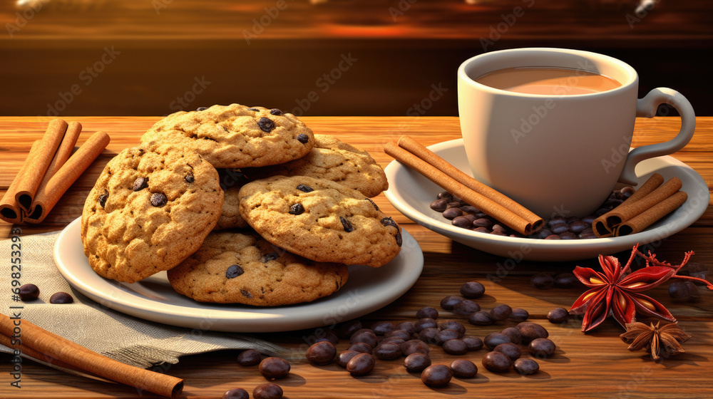 Plate of cookies next to cup of coffee. Perfect for cozy break or delicious treat. . Plate of cookies next to cup of coffee. Perfect for cozy break or delicious treat. .