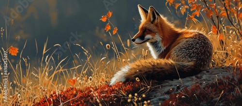 Autumn meadow observed by a red fox on a hill.