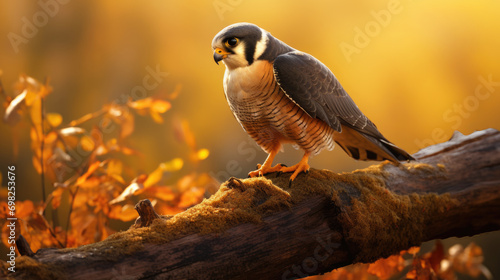 Bird sits on branch in peaceful forest. Suitable for nature-themed designs and illustrations.