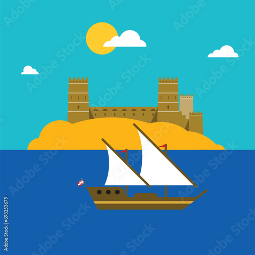 Ship on the sea and fortress on an island (ID: 698253679)
