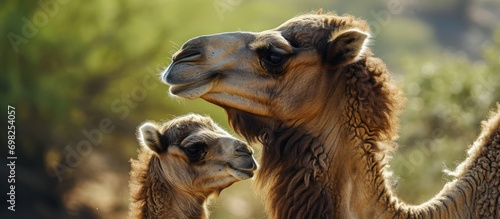 Female dromedary camel with calf, also known as Somalian, Arabian, or one-humped camel, a Camelidae ungulate.