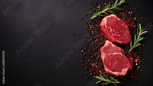 Two steaks placed on black surface with fresh pepper sprigs. Ideal for food blogs, restaurant menus, and cooking websites.