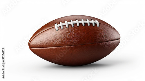 Brown leather football resting on white surface. Perfect for sports-related designs and concepts.