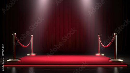 Stage set up with red carpet and red rope barrier. Perfect for glamorous events and VIP entrances.