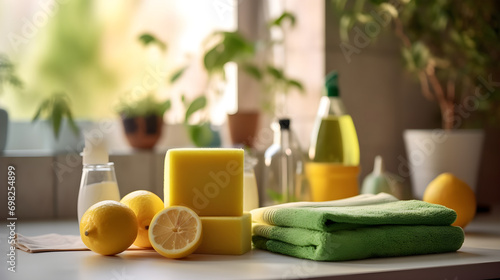 Apartment cleaning concept with detergents and washcloth