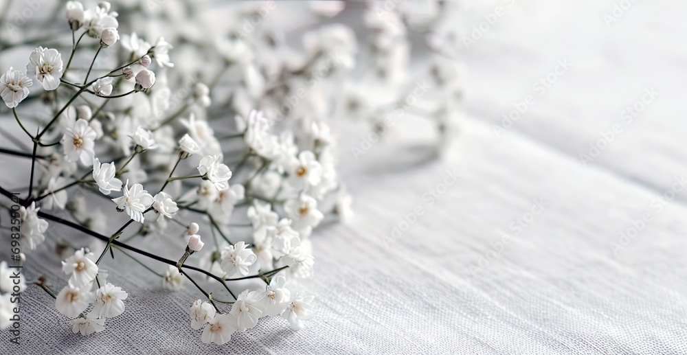 Texture of white wildflowers on white fabric, generative AI background with copy space  - obrazy, fototapety, plakaty 