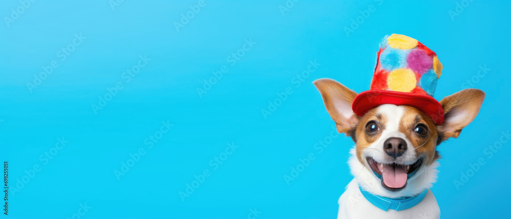 horizontal banner, funny dog in a clown hat, circus performer, trained animal, smiling pet, place for text
