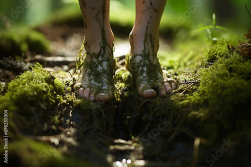 A close-up of a person's bare feet standing on a patch of soft moss, connecting to the ground and embracing the present