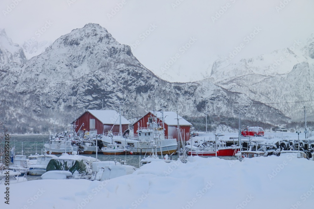 Winter in Hennes small boat harbour, Hernes, Inlandet, Hadsel, Norway