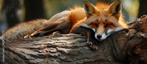 Fox resting on logs photo