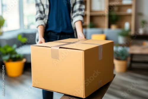 Relocation scene womans hand holds carton box in new apartment
