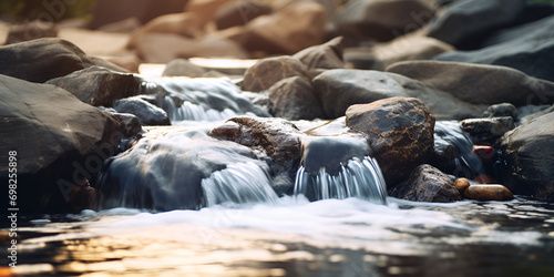 Garden Water Feature, Foamy waters of a creek , Dynamic Water Flow Captivating Background Texture Of A Streaming River Generative Ai