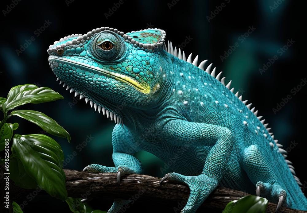 turquoise chameleon on a tree branch .