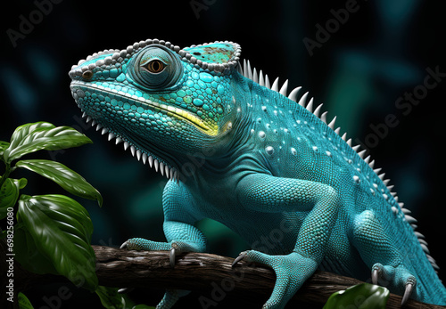 turquoise chameleon on a tree branch .