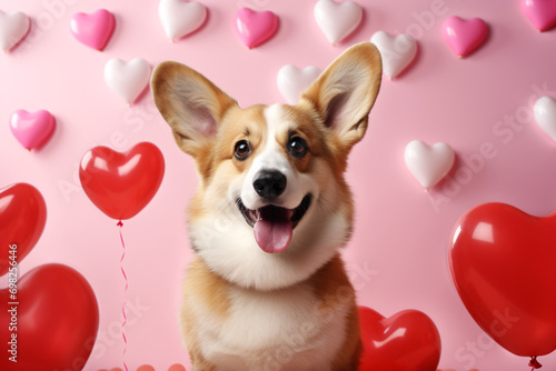 Cute portrait of a Corgi with heart-shaped balloons in front of a pink background 