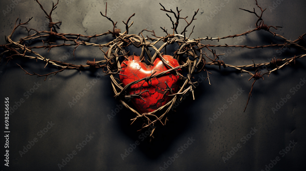 A weathered heart surrounded by barbed wire depicting the concept of a broken or hardened heart after experiencing emotional pain, a breakup or trauma - obrazy, fototapety, plakaty 
