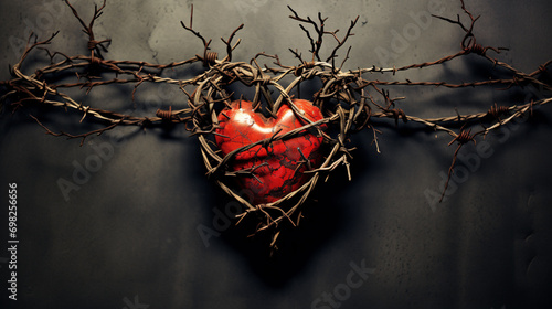 A weathered heart surrounded by barbed wire depicting the concept of a broken or hardened heart after experiencing emotional pain, a breakup or trauma photo