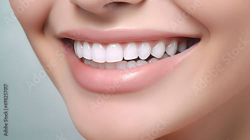 A charming woman s smile with perfect lips and dazzling white teeth. Concept of health and dental hygiene. Modern dentistry. Close-up