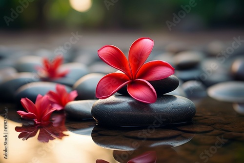 Tranquil spa scene red frangipani flower and soothing spa stones