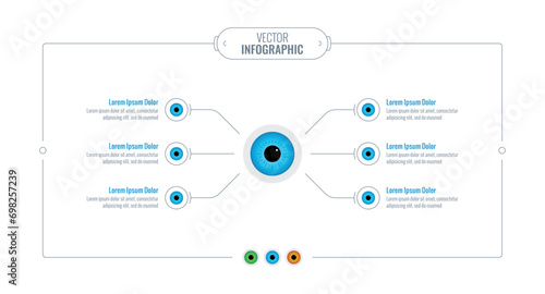 six steps blue eye infographic template. six tabbed eye info template. eye health information template